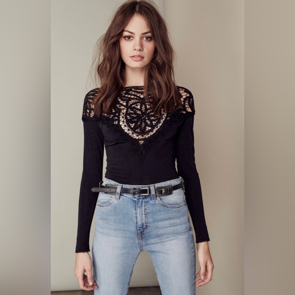 For Love & Lemons Penelope Black Long Sleeve Lace Bodysuit size xsmall